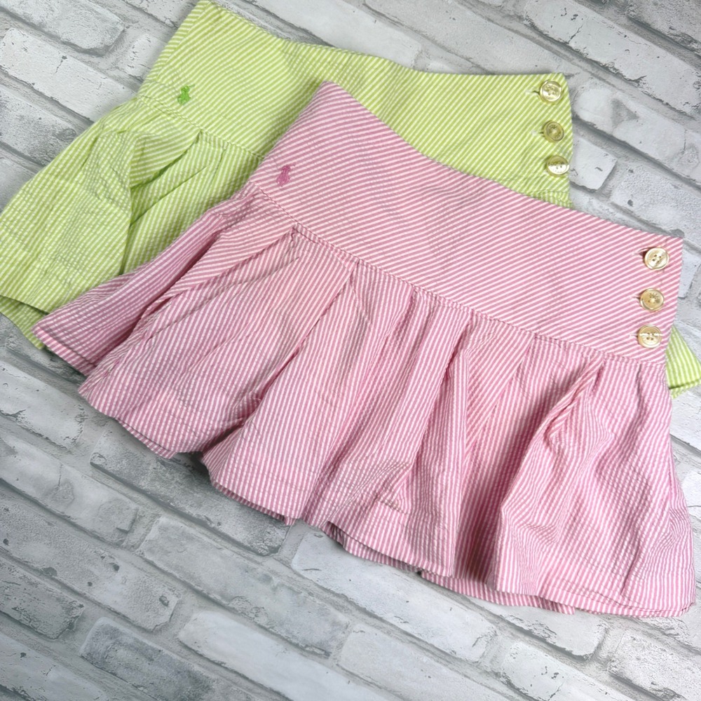 Ralph Lauren Seersucker Skirts Girls 10 Pink Green Striped Pleated Set EUC